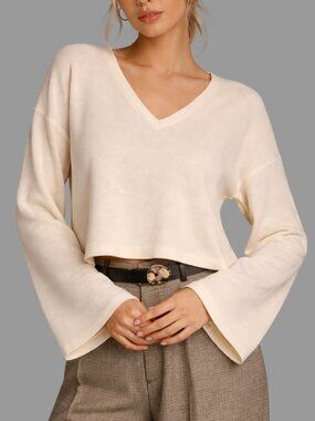 Madewell Women's Deep V Neck Flare Sleeve Sweater Ivory Size Medium